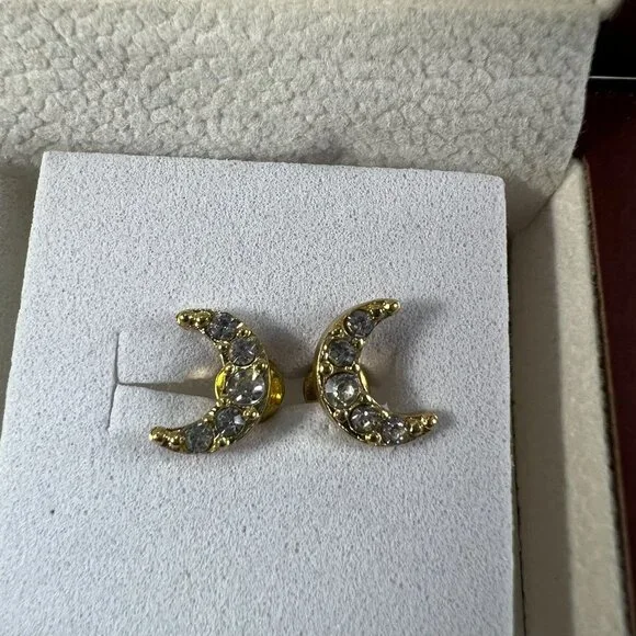 Set Of 3 Moon Crescent Earrings Gold & Silver Tone With Rhinestones & Gem Accent - Picture 3 of 4